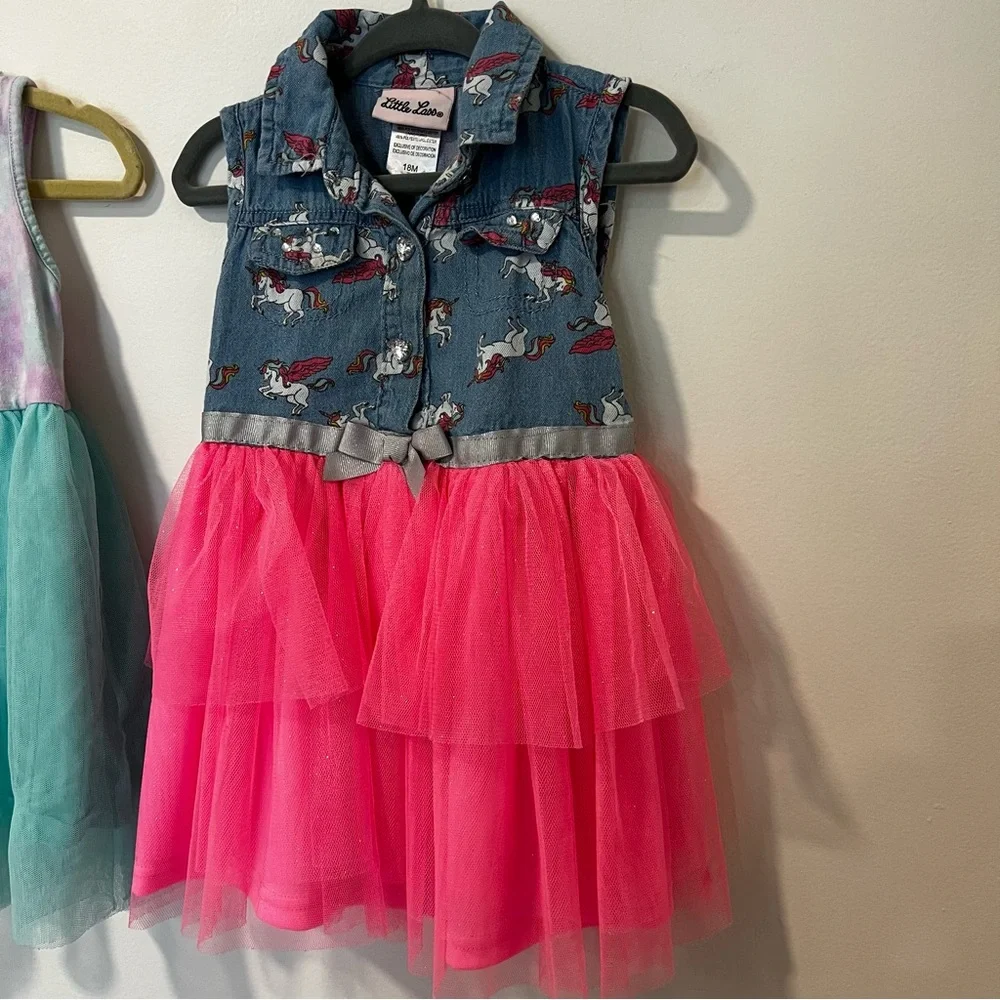 Little lass denim unicorn & tie dye tutu dress combo